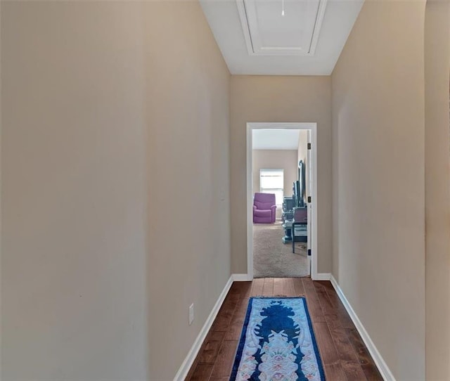 hallway with dark hardwood / wood-style flooring