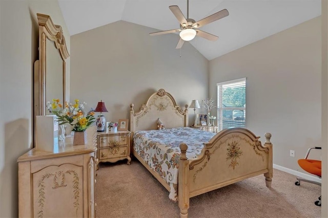 carpeted bedroom featuring lofted ceiling and ceiling fan