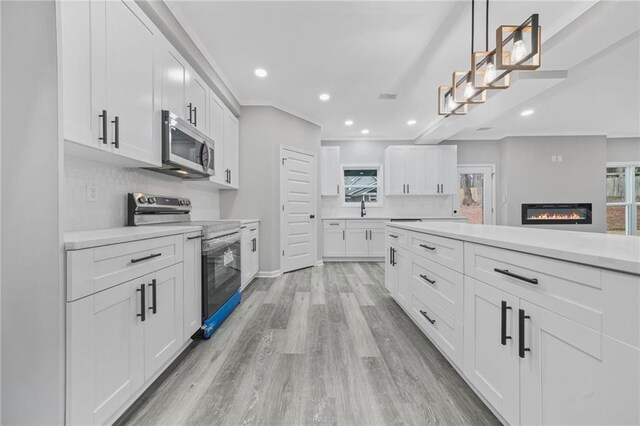 kitchen with a glass covered fireplace, stainless steel appliances, light wood-type flooring, white cabinetry, and a sink