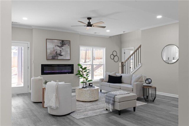 living area with baseboards, ornamental molding, wood finished floors, and a glass covered fireplace