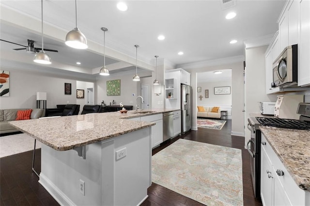 17 Twelve Oaks Dr SE, Cartersville, GA 30120 - kitchen with appliances with stainless steel finishes, a sink, open floor plan, a peninsula, and crown molding