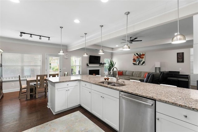17 Twelve Oaks Dr SE, Cartersville, GA 30120 - kitchen with dishwasher, a sink, ornamental molding, dark wood-style flooring, and open floor plan