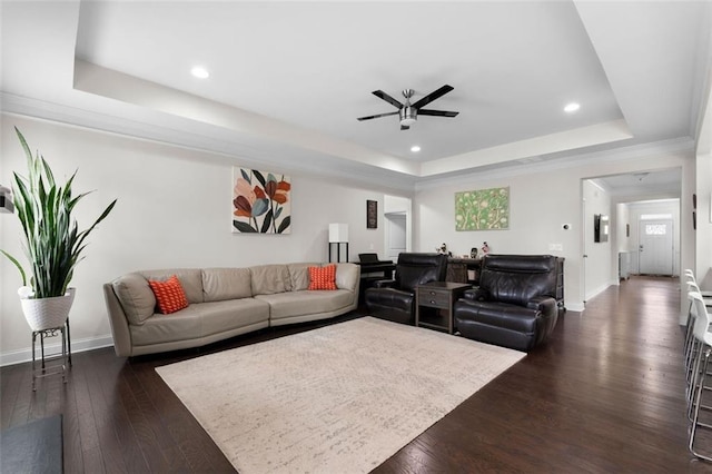 17 Twelve Oaks Dr SE, Cartersville, GA 30120 - living room featuring a raised ceiling, ceiling fan, dark wood-type flooring, baseboards, and recessed lighting