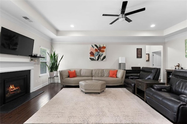 17 Twelve Oaks Dr SE, Cartersville, GA 30120 - living area featuring a tray ceiling, dark wood finished floors, ceiling fan, a glass covered fireplace, and recessed lighting