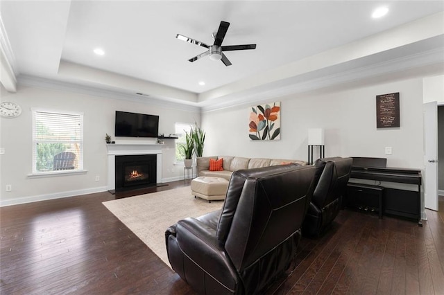 17 Twelve Oaks Dr SE, Cartersville, GA 30120 - living room with dark wood-type flooring, a ceiling fan, a raised ceiling, recessed lighting, and ornamental molding