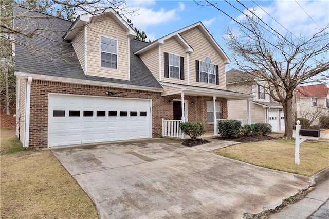 7185 Sweet Gum Ct, Lithonia, GA 30058 - traditional home featuring concrete driveway, brick siding, and covered porch