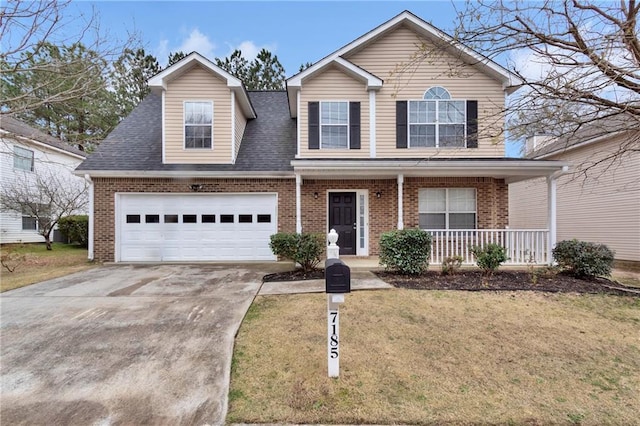 7185 Sweet Gum Ct, Lithonia, GA 30058 - traditional-style home featuring concrete driveway, a front lawn, brick siding, a shingled roof, and covered porch