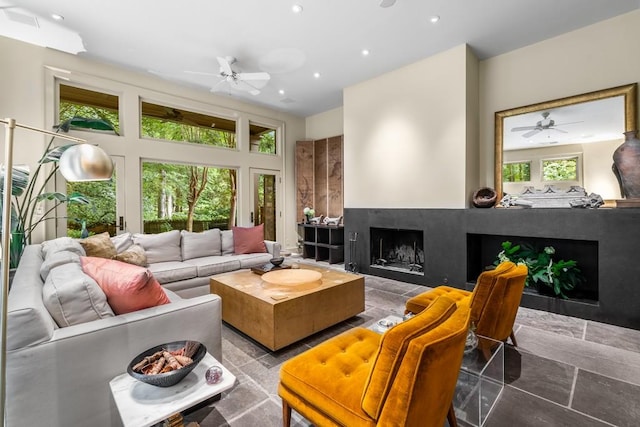 living room featuring ceiling fan