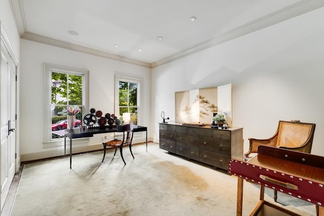 interior space featuring light colored carpet and crown molding