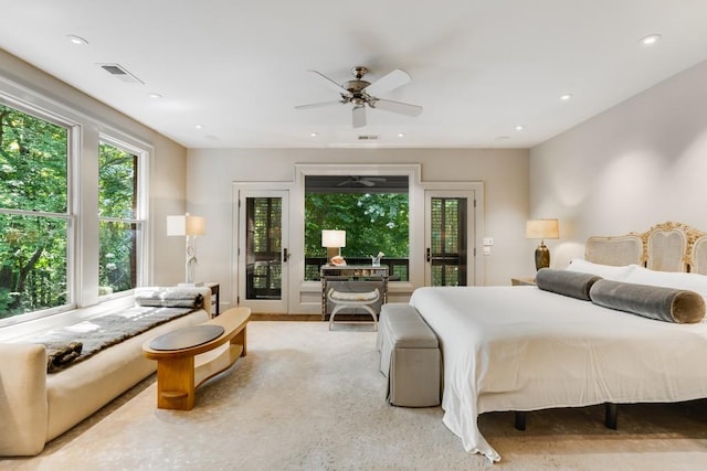 bedroom featuring access to exterior and ceiling fan