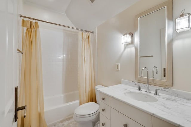 full bathroom with vanity, toilet, and shower / bathtub combination with curtain