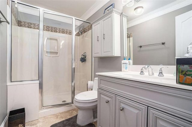 full bath featuring toilet, a shower stall, crown molding, and vanity