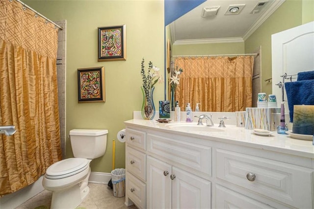 full bath with visible vents, toilet, ornamental molding, tile patterned flooring, and vanity