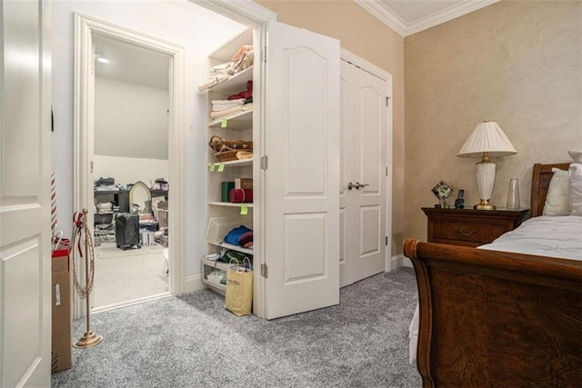 bedroom with crown molding and light colored carpet