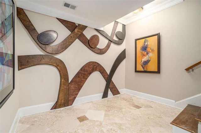 details featuring baseboards, visible vents, and crown molding