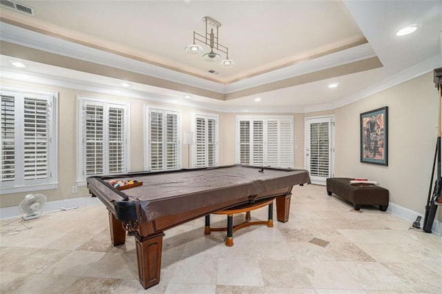 rec room with baseboards, visible vents, a tray ceiling, and pool table