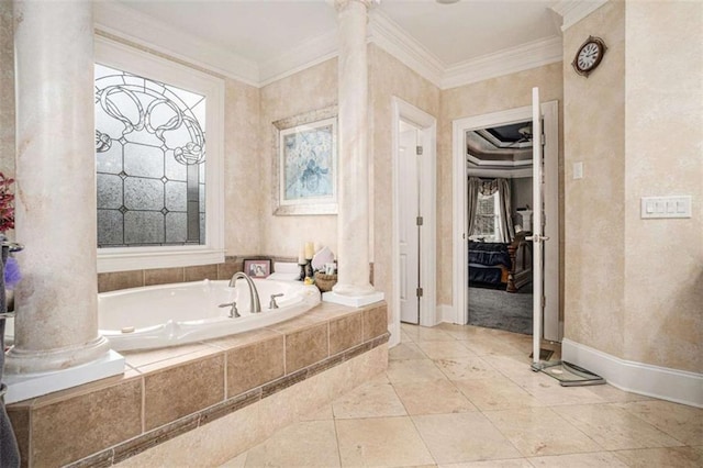 full bathroom with ornate columns, a garden tub, and crown molding