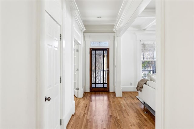 entrance foyer featuring ornamental molding and light wood-type flooring