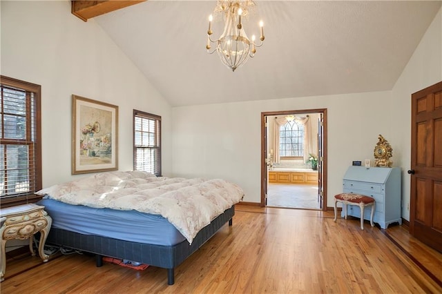 bedroom with baseboards, a notable chandelier, light wood-style floors, high vaulted ceiling, and beam ceiling