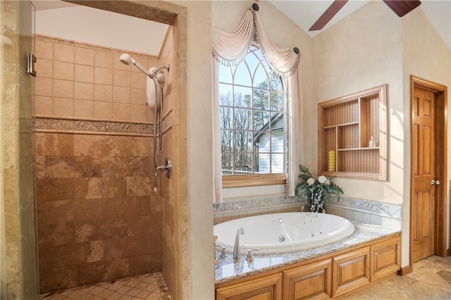 full bathroom with a stall shower and a tub with jets