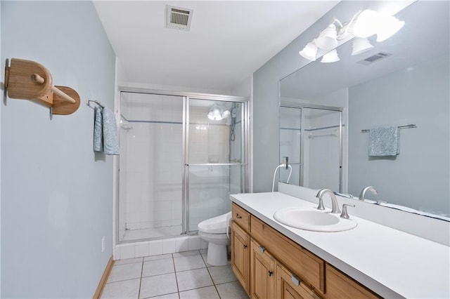 bathroom with toilet, vanity, visible vents, and a shower stall