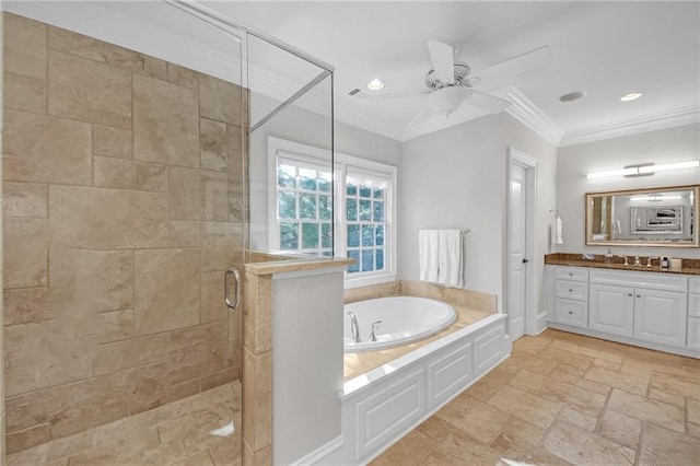 bathroom featuring a shower stall, stone tile floors, a bath, and ornamental molding