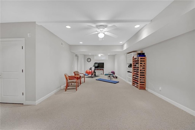 living area featuring visible vents, baseboards, recessed lighting, ceiling fan, and carpet flooring