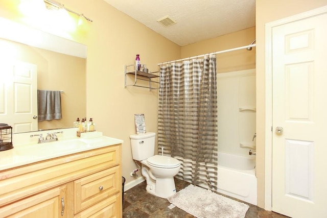 bathroom with visible vents, toilet, shower / bath combo with shower curtain, a textured ceiling, and vanity