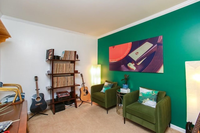 living area featuring carpet and crown molding