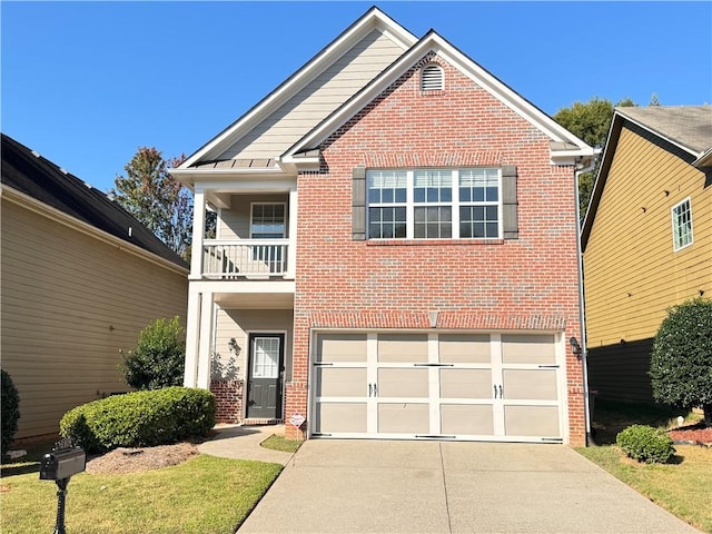 view of front of home with a balcony and a garage