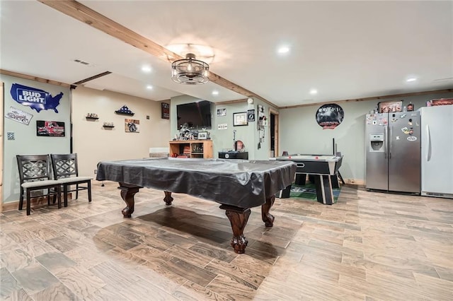 recreation room with light wood-style floors, billiards, baseboards, and recessed lighting