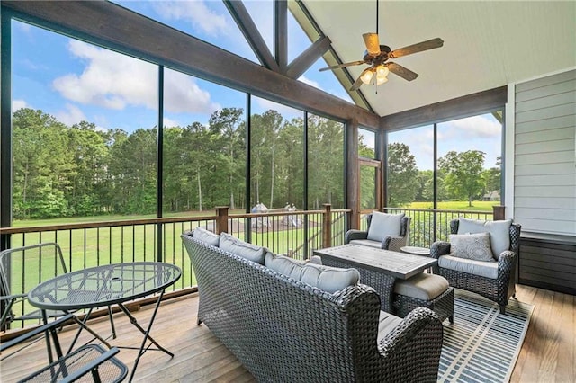 829 Christopher Rd, Sharpsburg, GA 30277 - sunroom / solarium featuring a ceiling fan, an outdoor hangout area, vaulted ceiling, and plenty of natural light