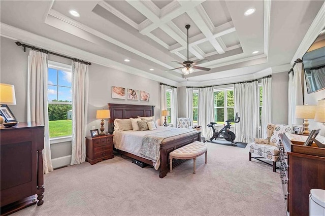 829 Christopher Rd, Sharpsburg, GA 30277 - carpeted bedroom with ornamental molding, multiple windows, coffered ceiling, recessed lighting, and beamed ceiling