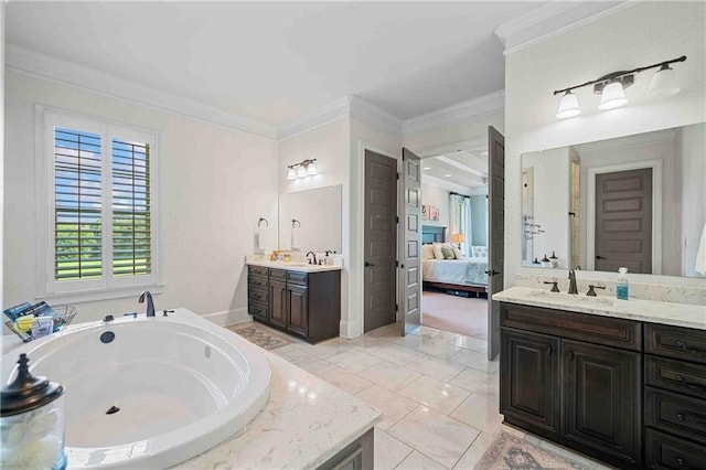 829 Christopher Rd, Sharpsburg, GA 30277 - ensuite bathroom featuring two vanities, a garden tub, crown molding, and baseboards