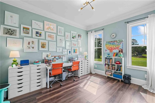829 Christopher Rd, Sharpsburg, GA 30277 - office space featuring ornamental molding, wood finished floors, baseboards, and a chandelier