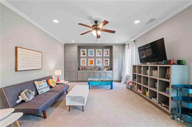 829 Christopher Rd, Sharpsburg, GA 30277 - living room with crown molding, ceiling fan, recessed lighting, and carpet floors