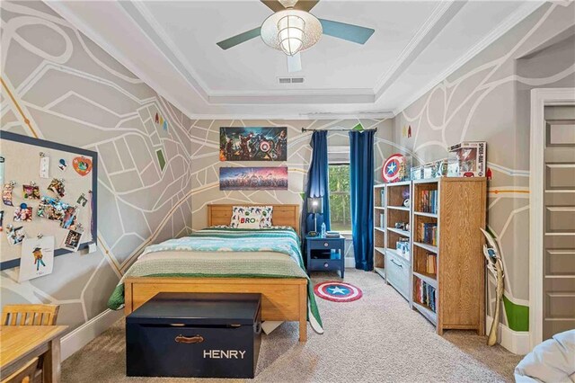 829 Christopher Rd, Sharpsburg, GA 30277 - carpeted bedroom with a raised ceiling, crown molding, and ceiling fan