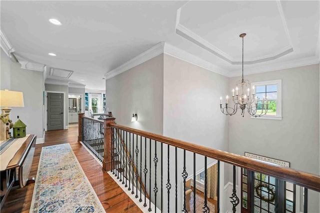 829 Christopher Rd, Sharpsburg, GA 30277 - corridor featuring an upstairs landing, healthy amount of natural light, recessed lighting, crown molding, and wood finished floors