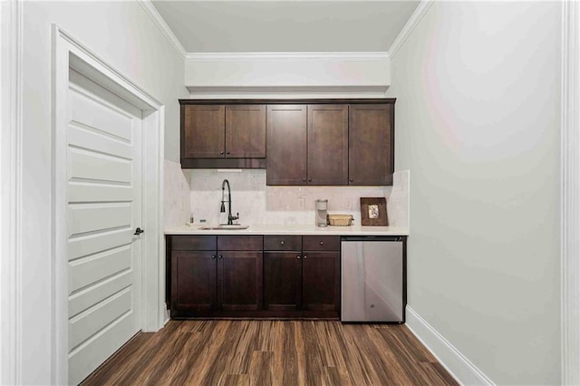829 Christopher Rd, Sharpsburg, GA 30277 - bar with a sink, dishwasher, ornamental molding, dark wood-style floors, and decorative backsplash