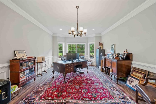 829 Christopher Rd, Sharpsburg, GA 30277 - home office featuring a chandelier, ornamental molding, wainscoting, wood finished floors, and a decorative wall