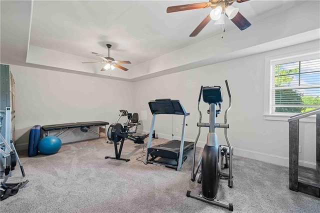 829 Christopher Rd, Sharpsburg, GA 30277 - workout area featuring a ceiling fan, carpet, baseboards, and a tray ceiling