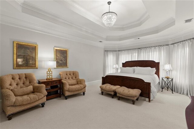 3749 Watkins Pl NE, Brookhaven, GA 30319 - carpeted bedroom with ornamental molding, a tray ceiling, and a chandelier