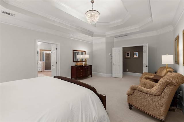 3749 Watkins Pl NE, Brookhaven, GA 30319 - bedroom with light carpet, a chandelier, crown molding, a tray ceiling, and baseboards