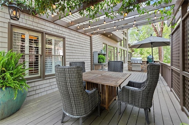 3749 Watkins Pl NE, Brookhaven, GA 30319 - wooden terrace featuring a pergola, outdoor dining area, and area for grilling
