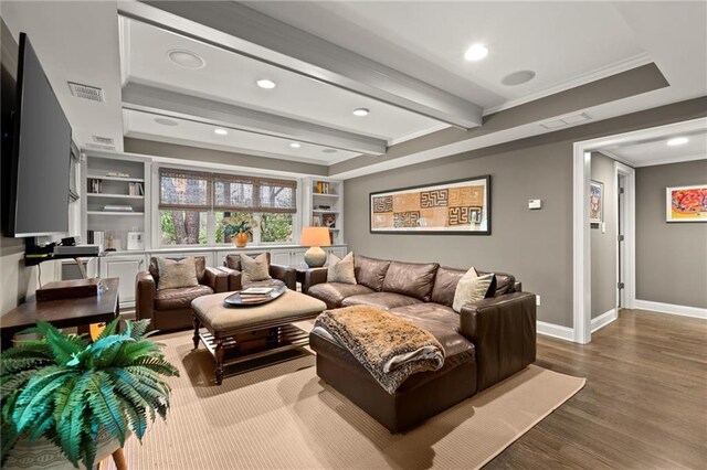 3749 Watkins Pl NE, Brookhaven, GA 30319 - living area with wood finished floors, baseboards, recessed lighting, beamed ceiling, and ornamental molding