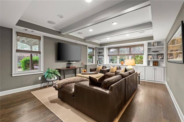 3749 Watkins Pl NE, Brookhaven, GA 30319 - home theater featuring baseboards, beamed ceiling, wood finished floors, recessed lighting, and ornamental molding