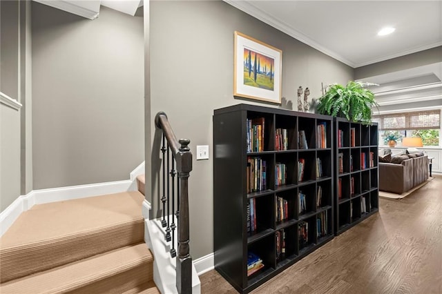 3749 Watkins Pl NE, Brookhaven, GA 30319 - living area featuring wood finished floors, ornamental molding, baseboards, recessed lighting, and stairway