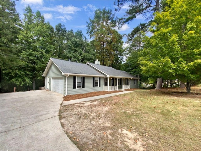 ranch-style home with a front yard, covered porch, and a chimney