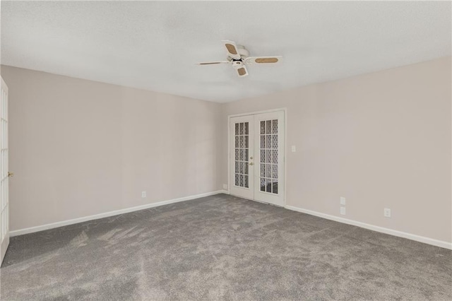 carpeted empty room featuring ceiling fan and french doors