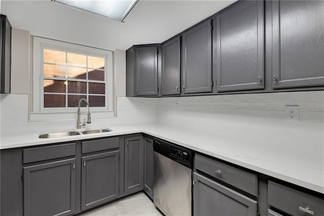 kitchen with sink, decorative backsplash, gray cabinets, and stainless steel dishwasher